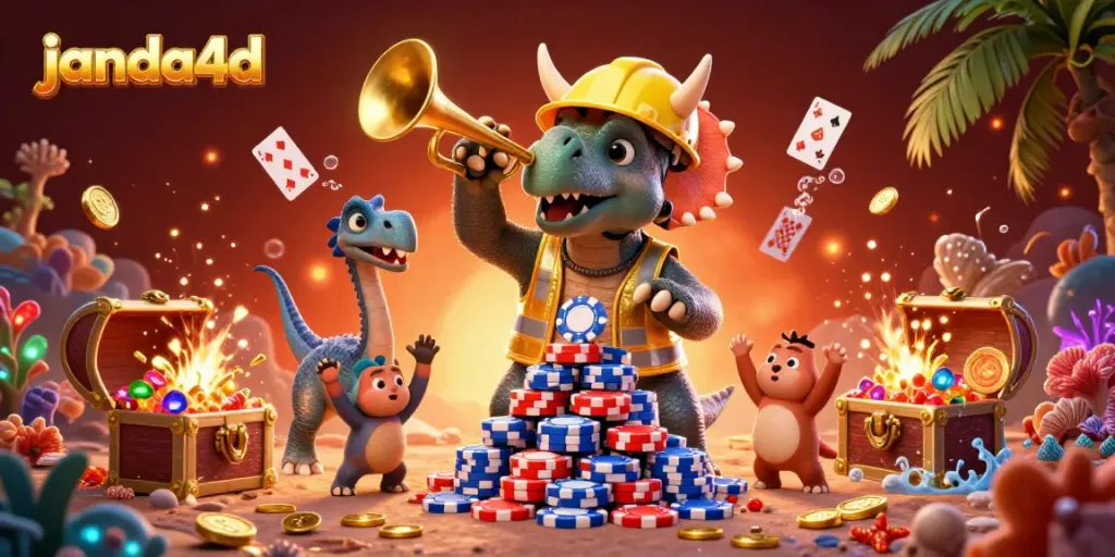 Menangkan hadiah di janda4d dengan triceratops membangun piramida chip poker, dikelilingi elemen laut menggembirakan.