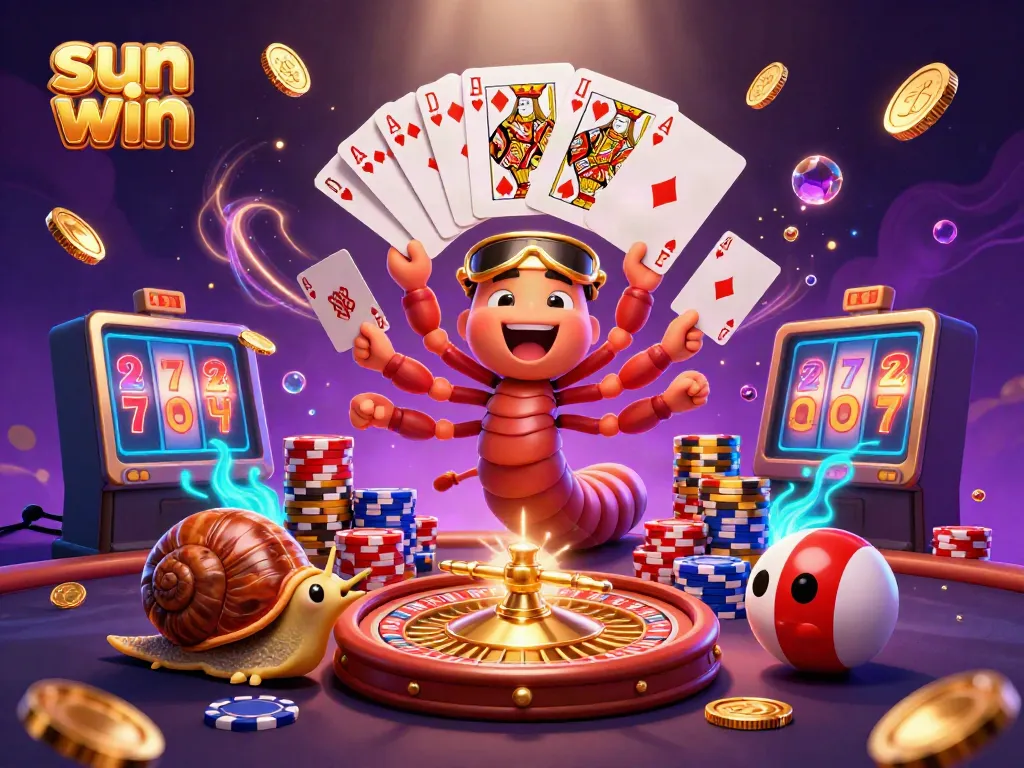 Engage with the dynamic "sun win" casino scene featuring a cartoon millipede dealer and high-roller snail among lively gaming elements.