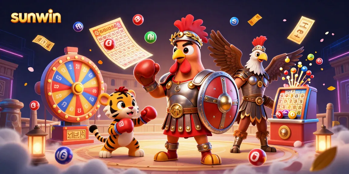 Experience the excitement of sunwin as your animated rooster gladiator and tiger spar in a vibrant casino setting.