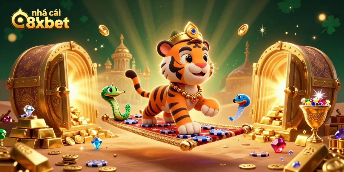 Play exciting games at nhà cái 8xbet with vibrant 3D casino illustration showcasing treasures and fun!