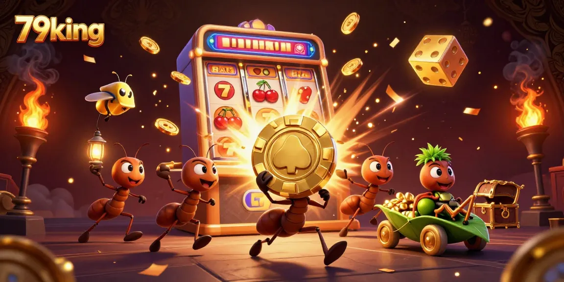 79king antics as cartoon ants carry a giant poker chip amidst exploding slot machine chaos.