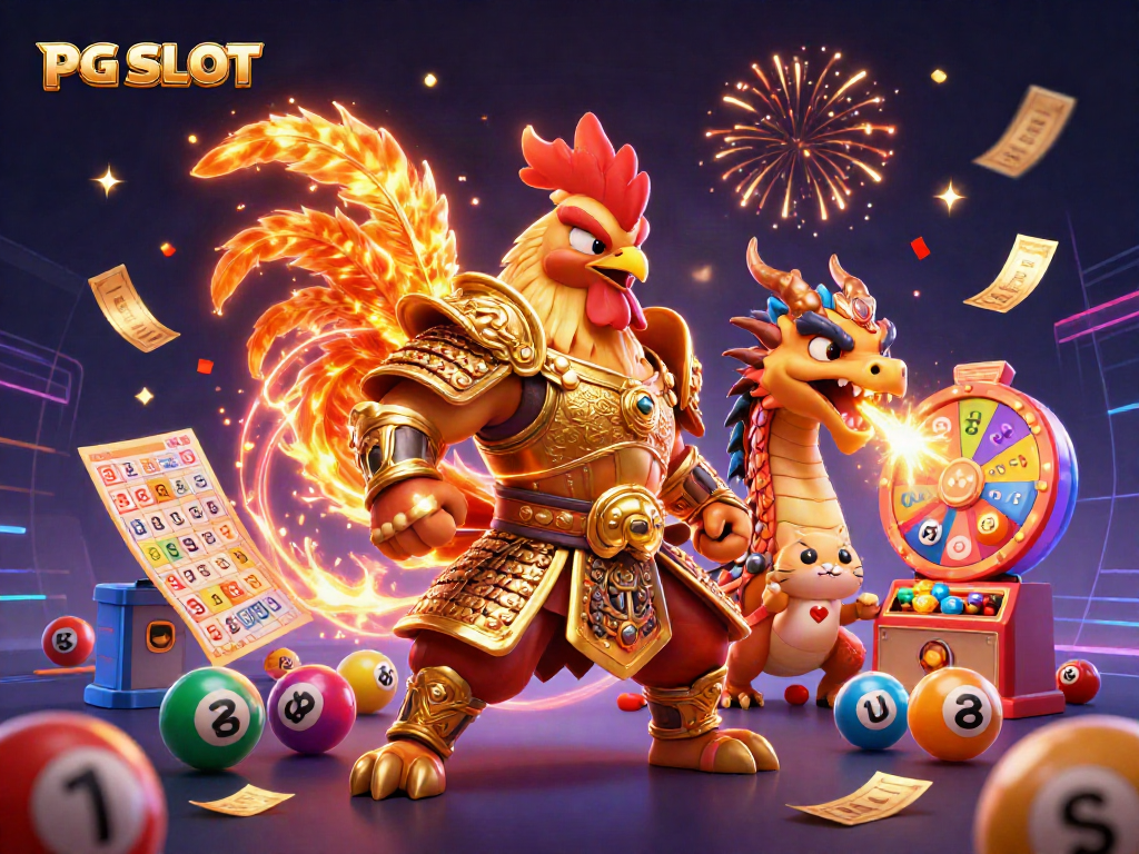 Experience the excitement of PG SLOT with a vibrant 3D illustration of a rooster warrior, dragon hatchling, and fortune cat.