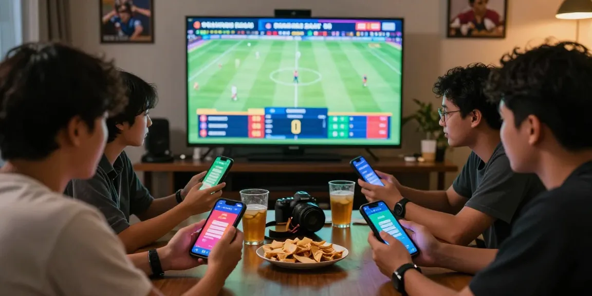 Exciting scene of friends engaged in Taruhan Mix Parlay Bola88 betting, analyzing live matches, and making bets.