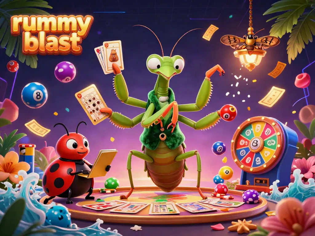 Experience the excitement of rummy blast with a vibrant scene featuring a card sharp mantis and gaming elements.