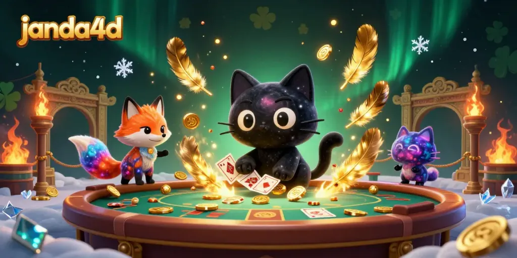 Permainan kasino 3D menampilkan janda4d dengan kucing lubang hitam yang menarik chip emas dan kartu, dikelilingi efek atmosferik.