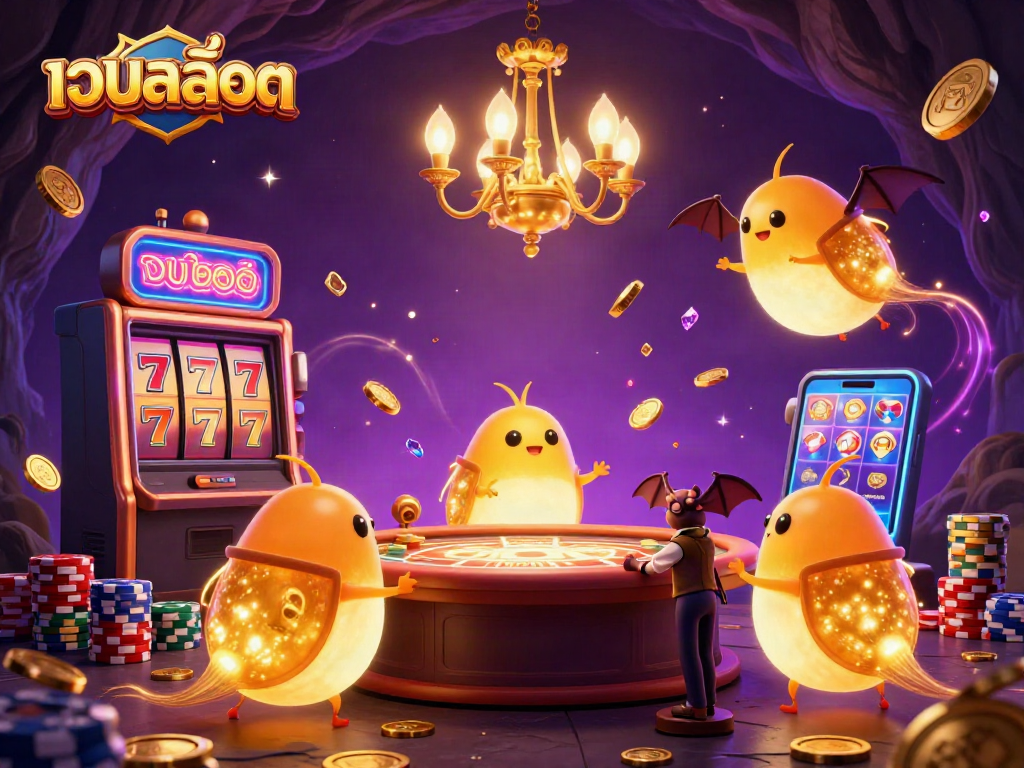 Engage with เว็บสล็อต as glowworms illuminate a vibrant casino with spinning reels and flying gems.