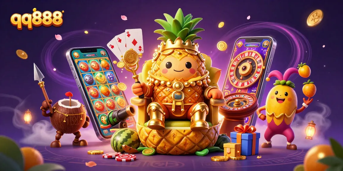 Win big with qq888 in a vibrant casino scene featuring a lively pineapple king and games