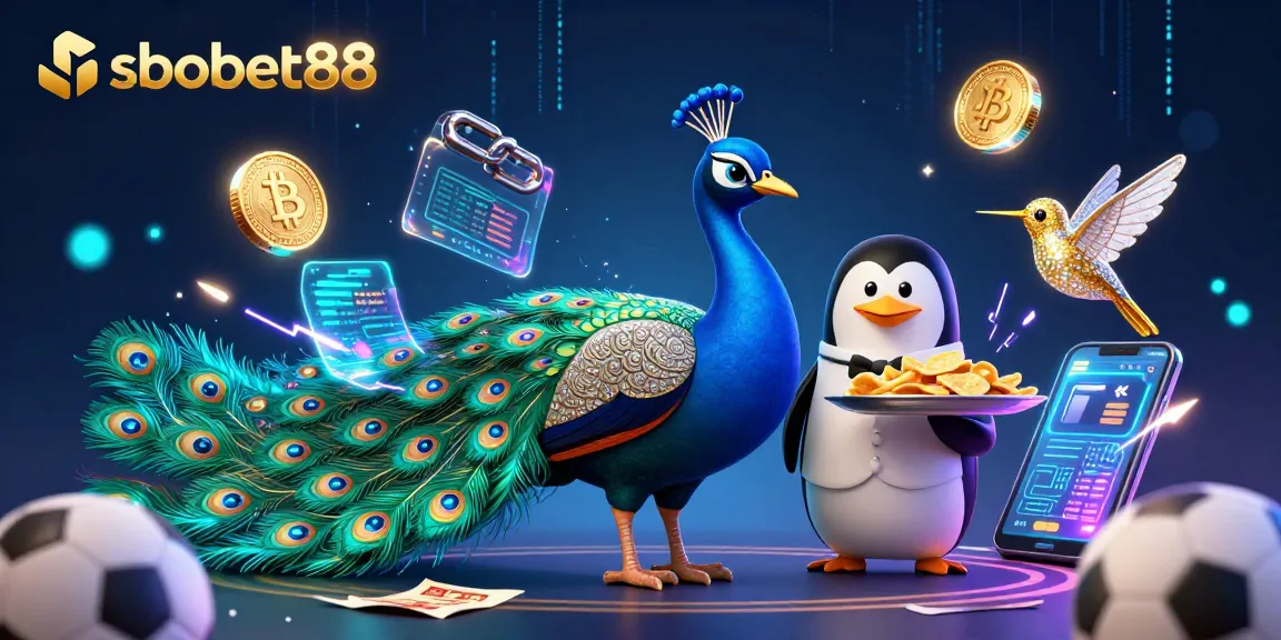 Experience sbobet88 with vibrant peacock and penguin showcasing sports betting elements in this captivating illustration.
