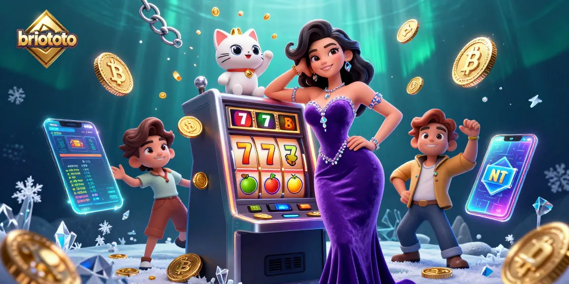 Briototo showcases a dazzling slot machine scene with a glamorous woman and fortune cat amidst vibrant casino elements.