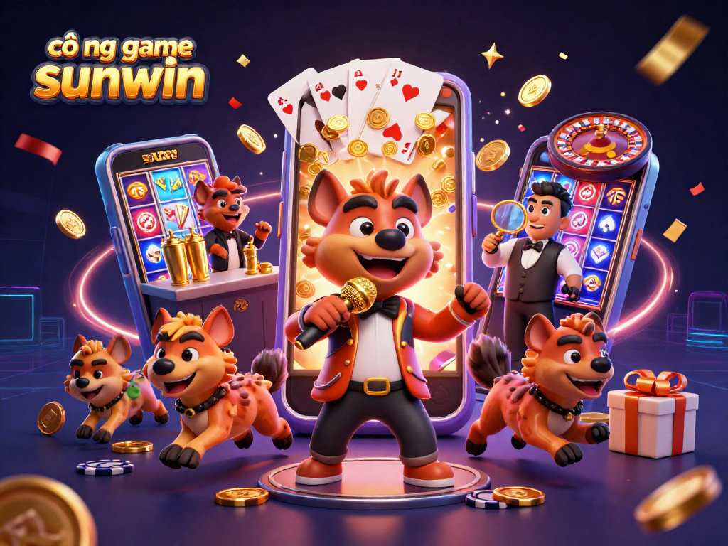 cổng game sunwin showcasing animated hyenas running a comedy casino club with vibrant games