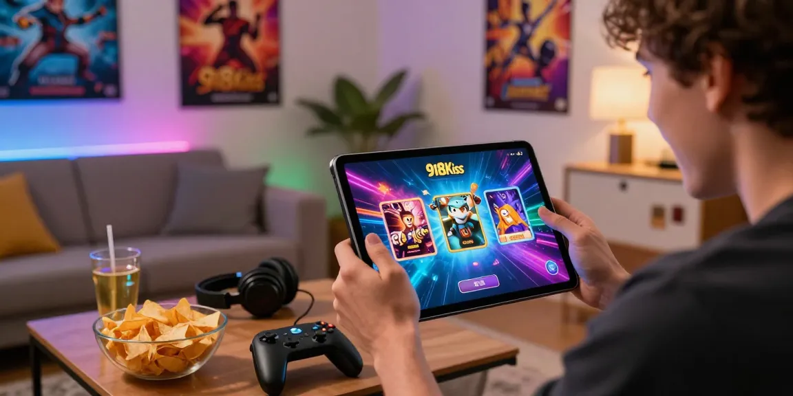 Engaged gamer playing 918kiss original on a tablet in a vibrant gaming setup