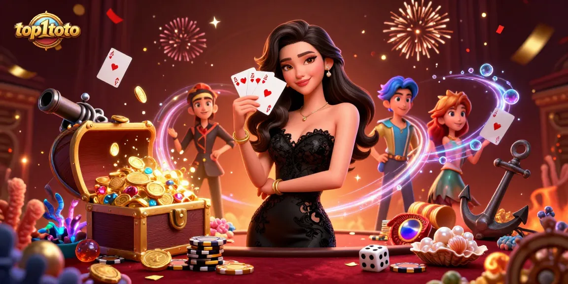 Experience the thrilling gaming world at top1toto, where an elegant player showcases ace cards amidst casino riches.