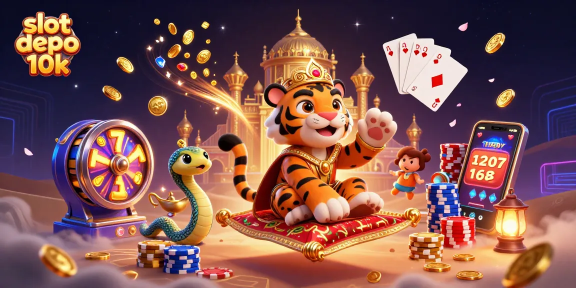Bermain slot depo 10k dengan tiger sultan yang terbang di karpet poker, dikelilingi koin emas dan mesin slot.