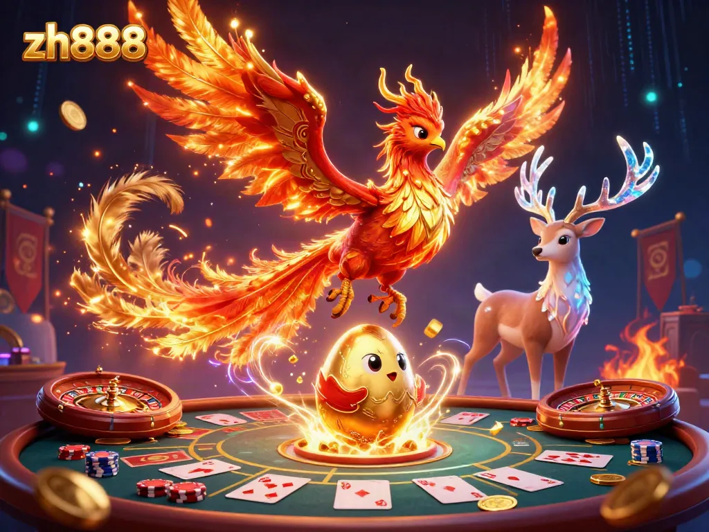 Engage with the zh888 gaming experience illustrated by a phoenix soaring above a vibrant casino scene with golden tokens and cards.