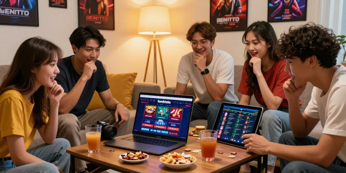 Group of friends enjoying online gaming on benihtoto with laptops and snacks in a cozy living room