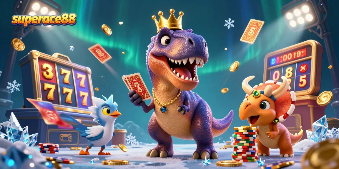 Join the excitement at superace88 with friendly characters spinning slot reels and stacking chips.