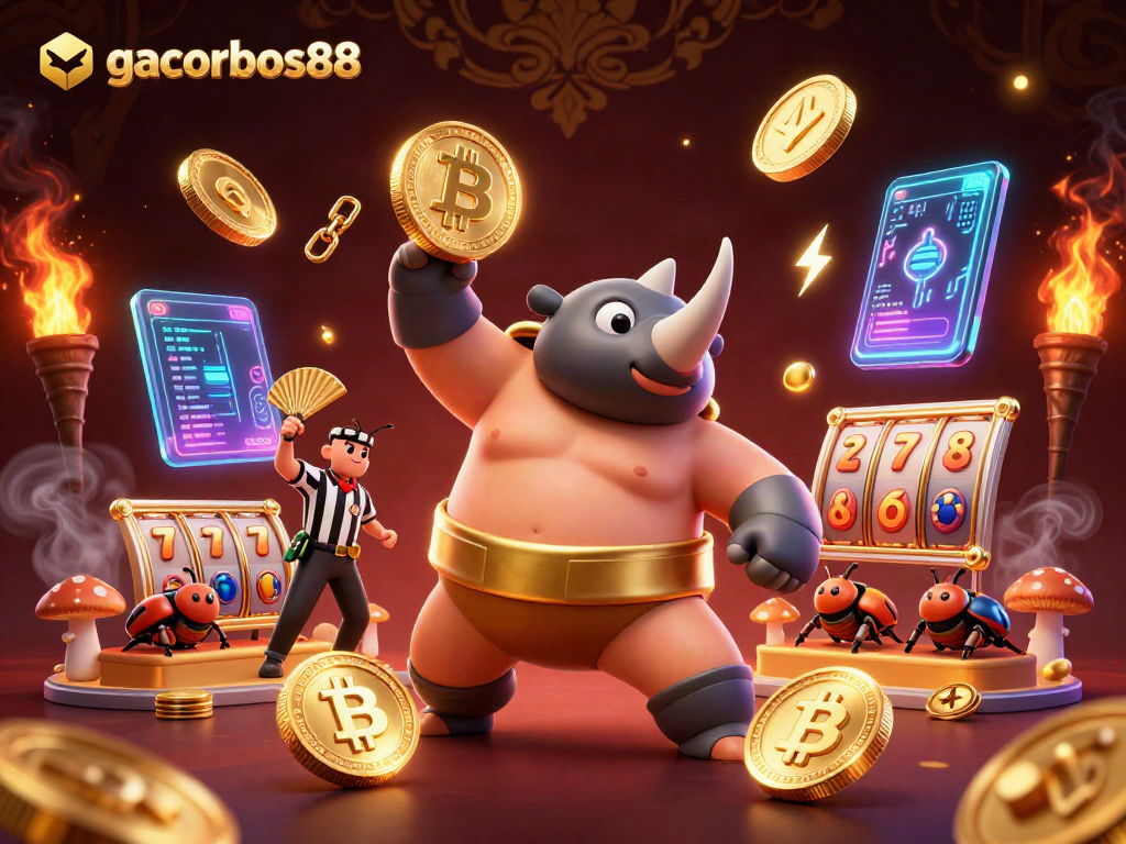 Experience gacorbos88 excitement with a 3D casino scene showing epic beetle battle for jackpot!