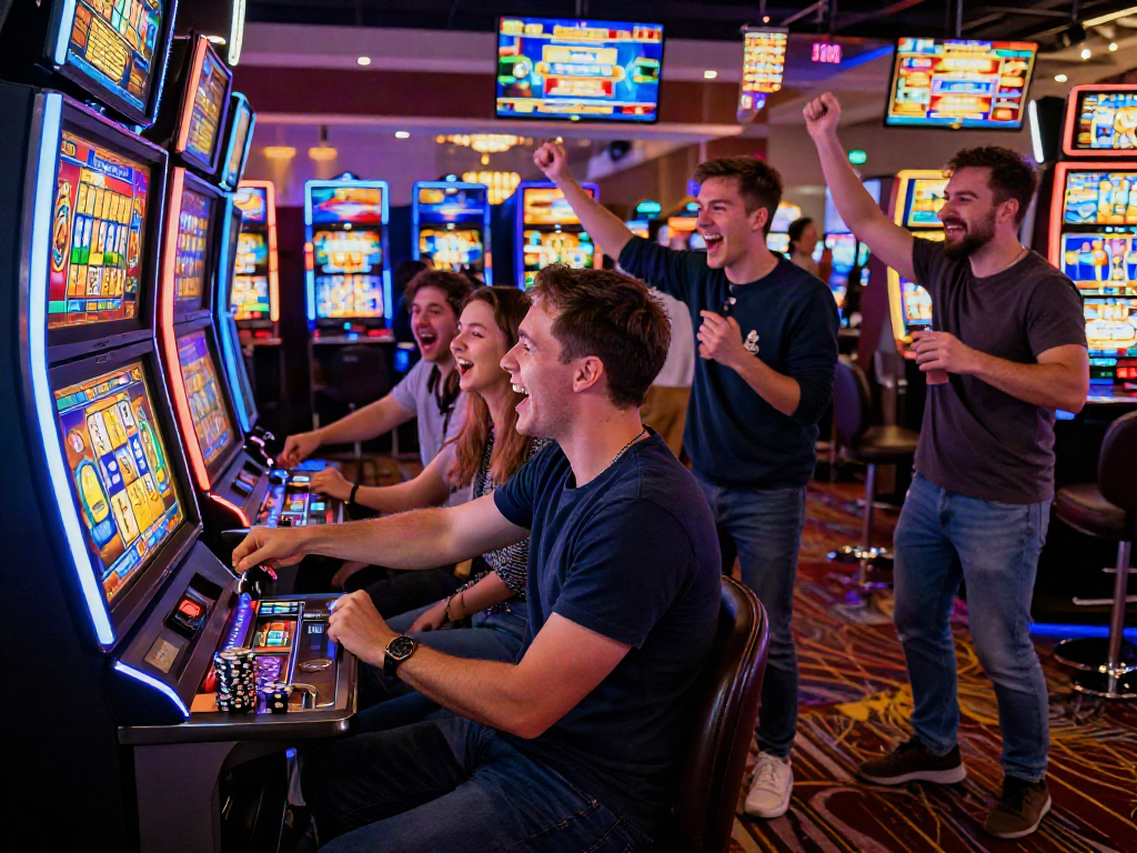 Excited group celebrating a win on a slot 10k machine in a vibrant casino.