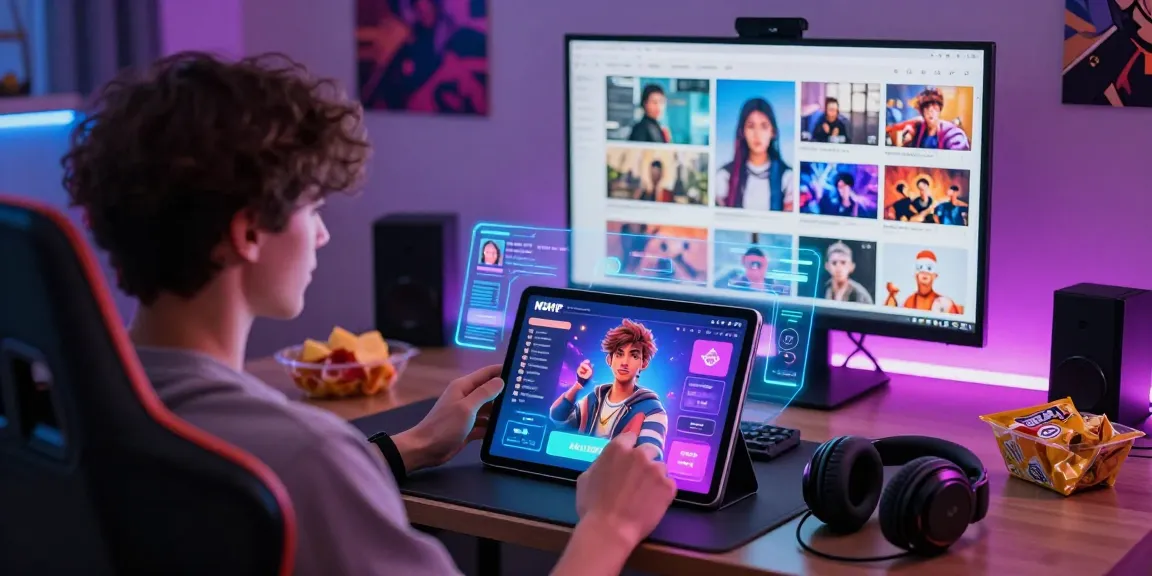 Interactive session with nsfw ai app showcasing character customization options on a tablet in a lively digital space.
