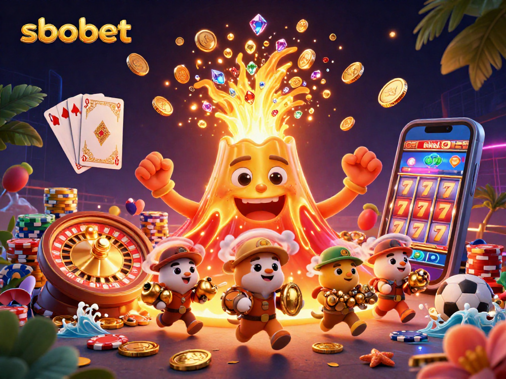 Engage with sbobet sports betting adventures as golden treasures erupt amidst playful scenes.