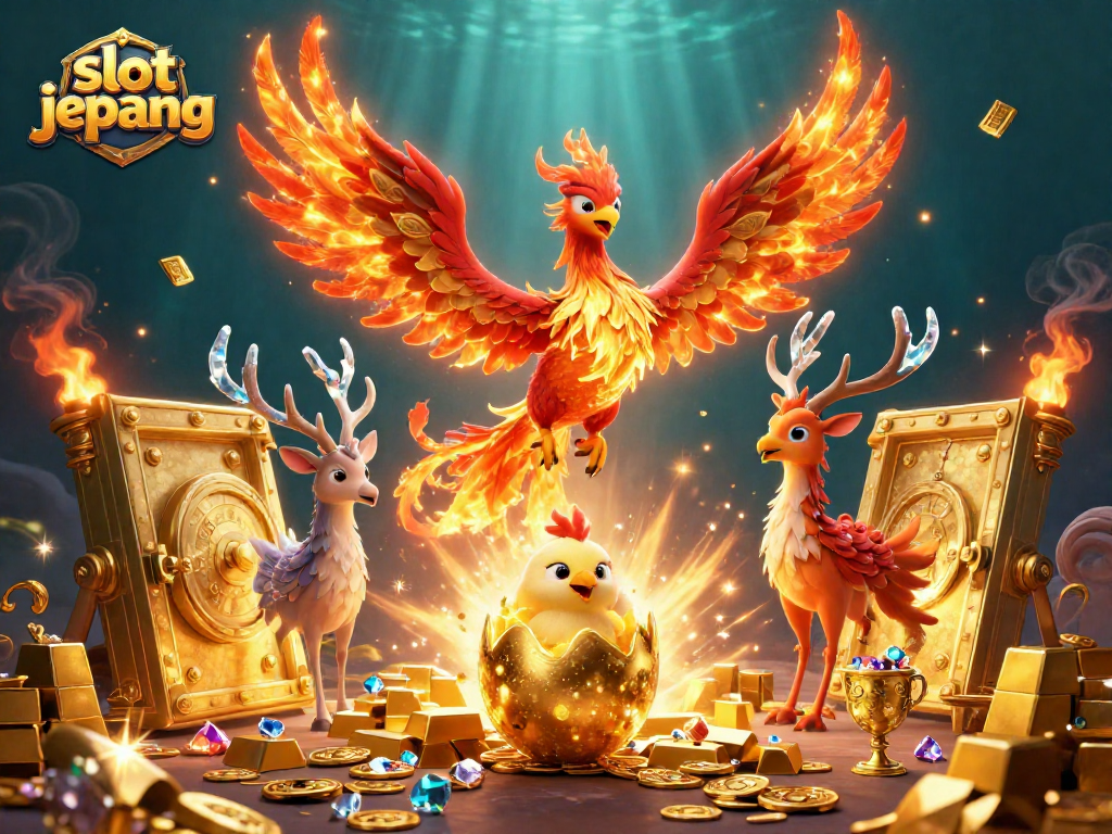 Experience the thrill of slot jepang with captivating phoenix characters and treasures illuminating the scene.