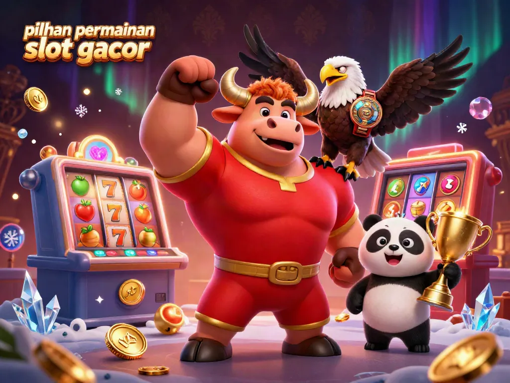 Menampilkan pilihan permainan slot gacor dengan simbol slot dan karakter lucu di latar yang menarik.