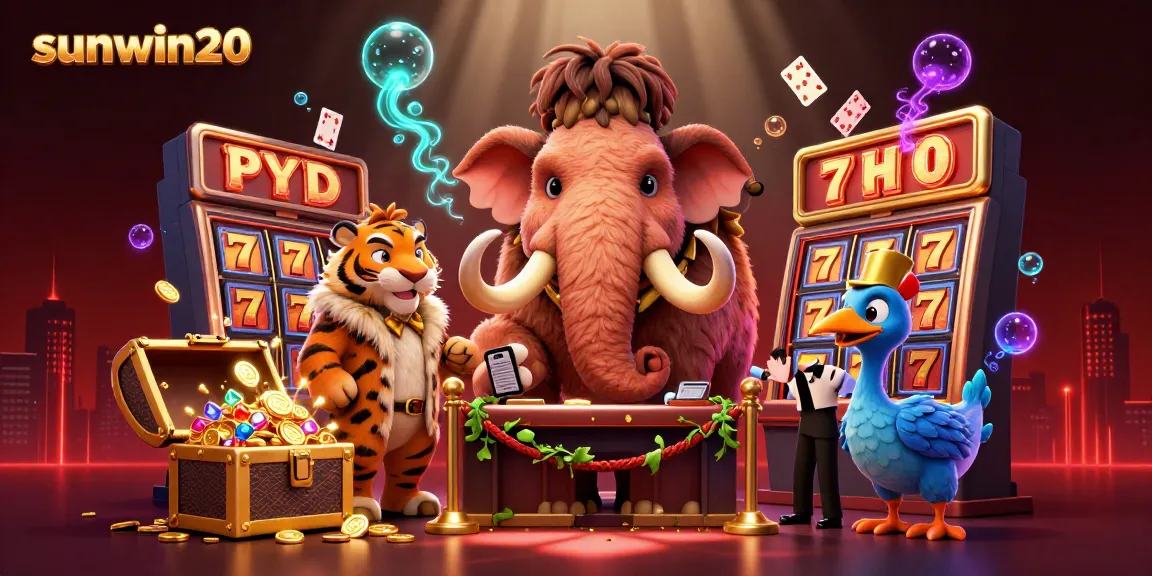 Sunwin20 showcases an exciting casino scene with a woolly mammoth bouncer and lively game elements.