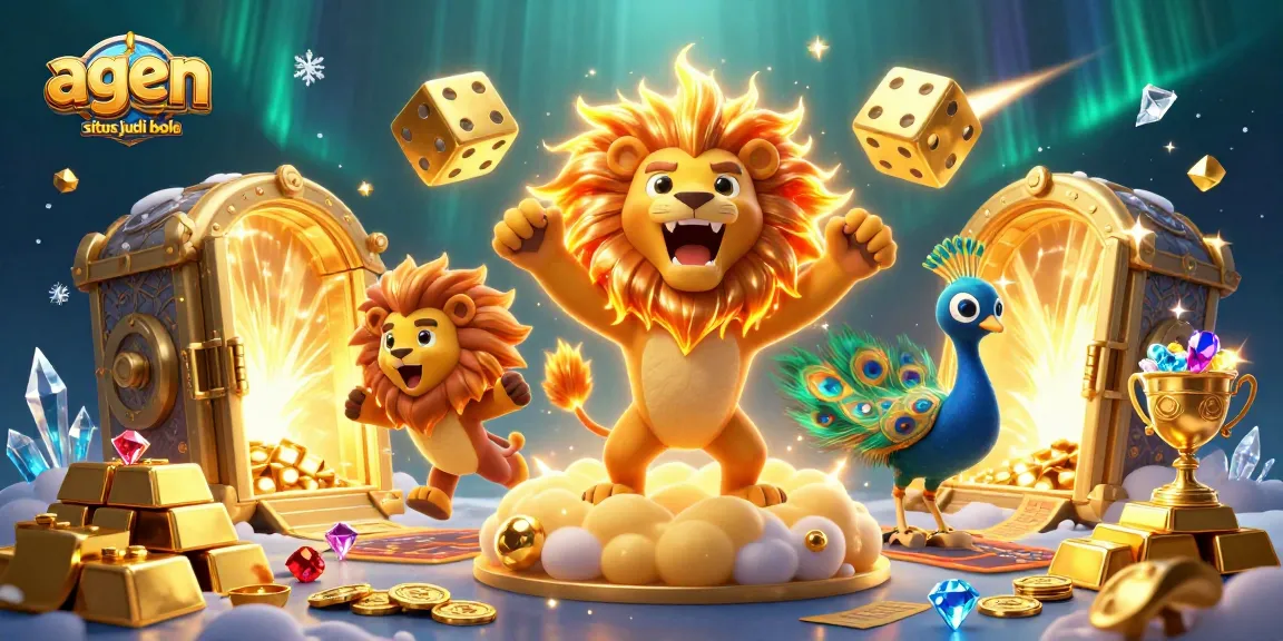 Experience thrilling sports betting excitement with agen situs judi bola featuring cartoon lion and gold treasures.