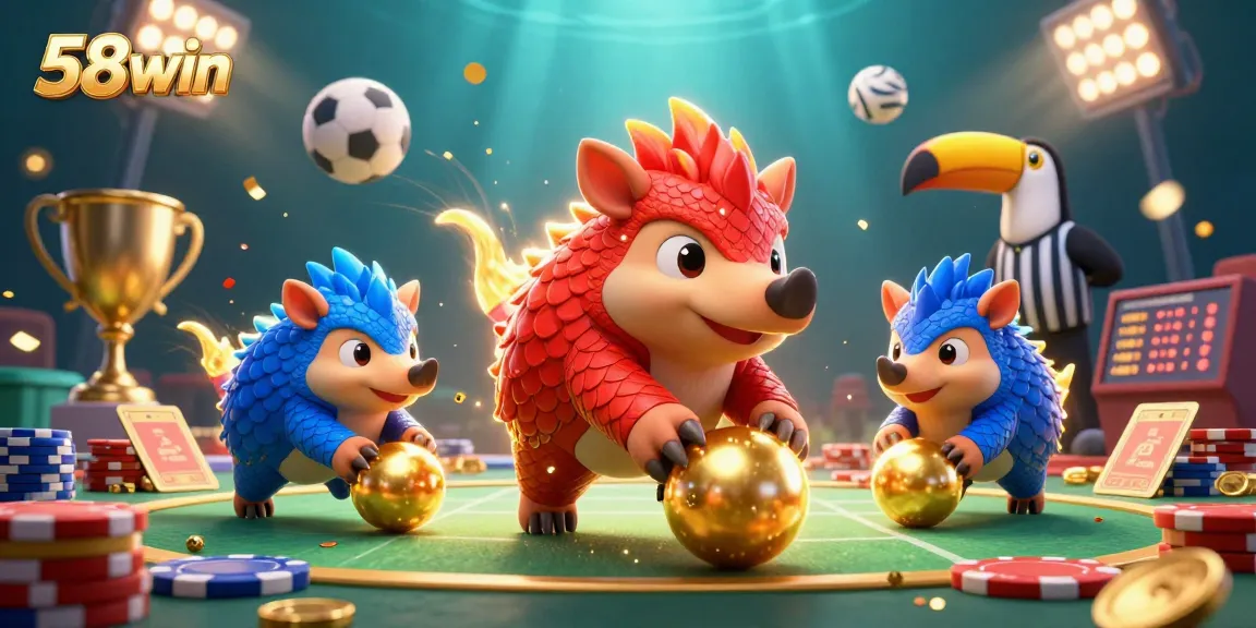 Experience thrilling action with 58win as pangolins roll through poker chips and sports elements.