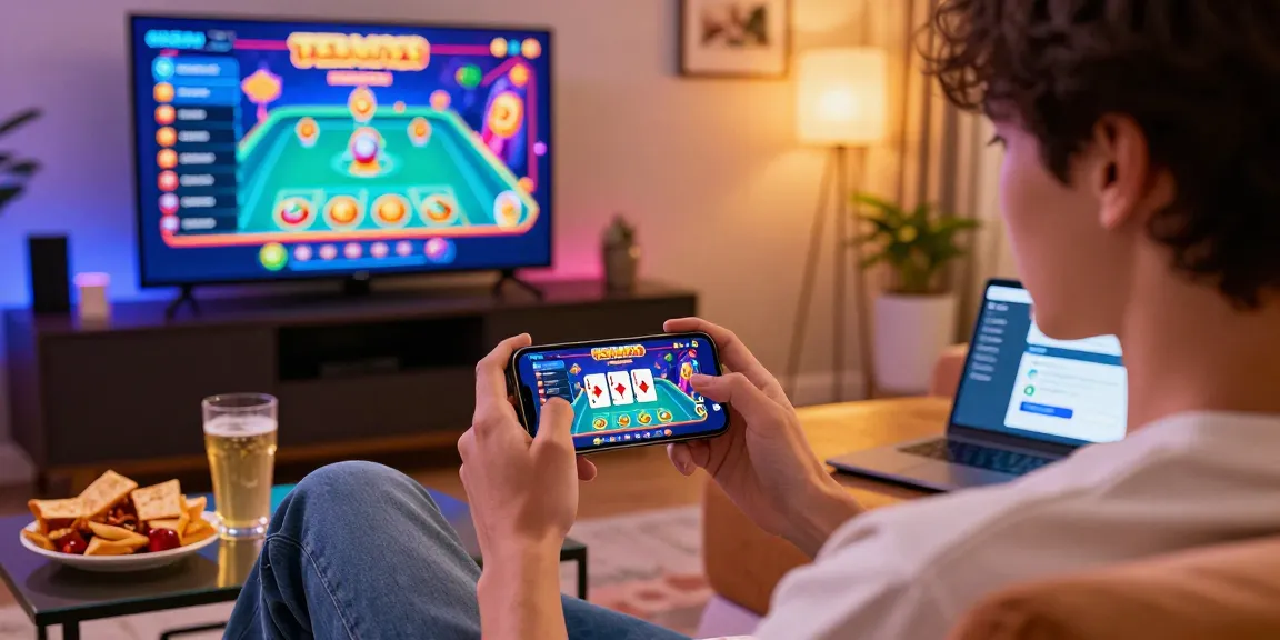Card Rummy player using smartphone app link in a vibrant gaming environment.