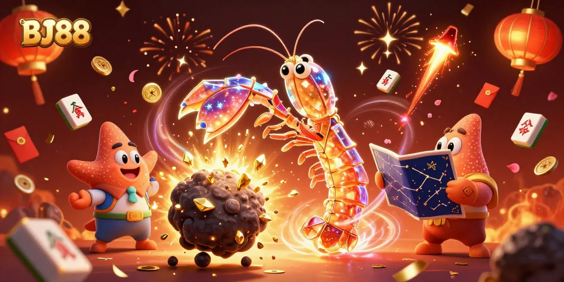 BJ88 enhances online gaming with an epic scene of a vibrant galactic samurai mantis shrimp amidst golden gems.