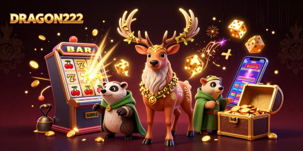 Engage with the DRAGON222 casino magic, where a dazzling stag and wise badger celebrate spinning jackpots!