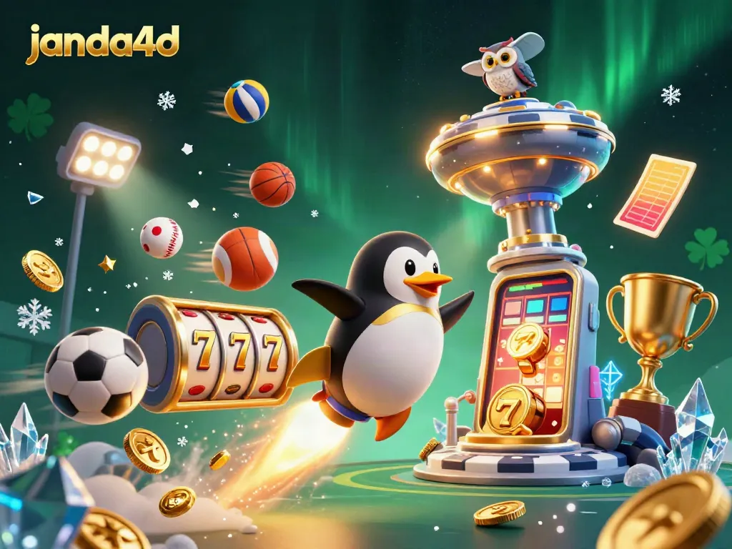 JANDA4D menyajikan penguin emas berenergi roket menuju stasiun kasino dengan elemen slot.