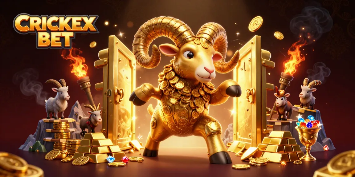 Experience CRICKEX BET with a charging golden ram at a dynamic casino scene filled with treasure.