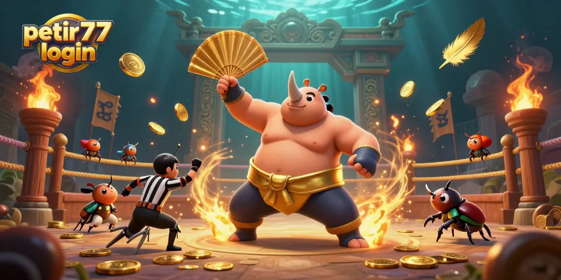 Experience the excitement of petir777 login with a dynamic scene featuring a sumo champion beetle challenging opponents amid golden coins.