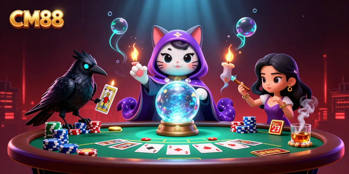 Experience thrilling CM88 gaming with a fortune teller cat, poker chips, and mystical elements.
