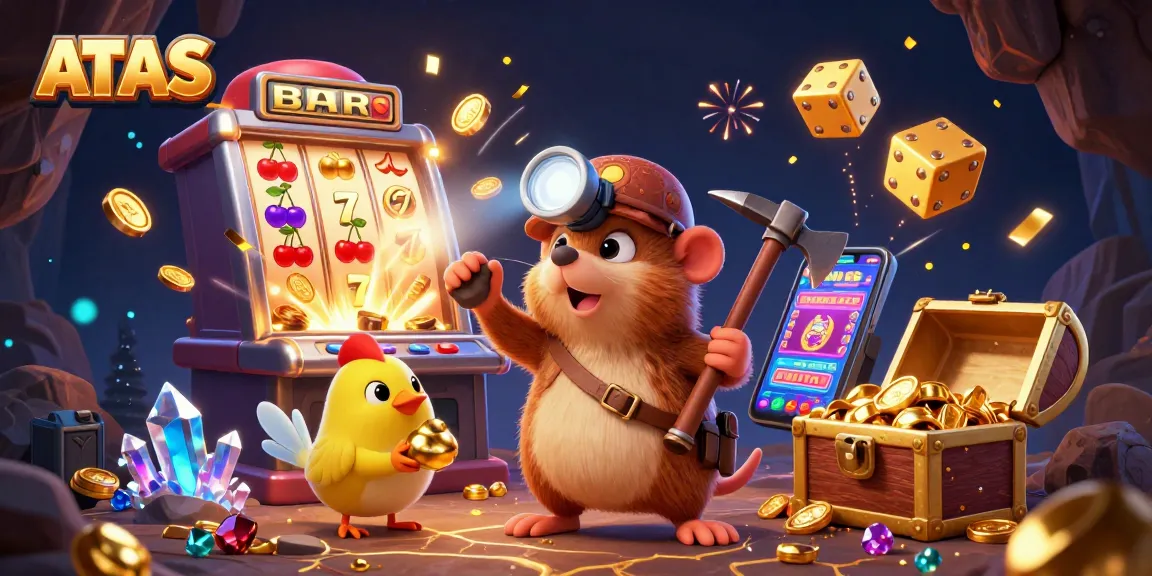 Experience jackpot excitement at ATAS casino with vivid 3D illustration of a treasure hunter and thrilling game elements.