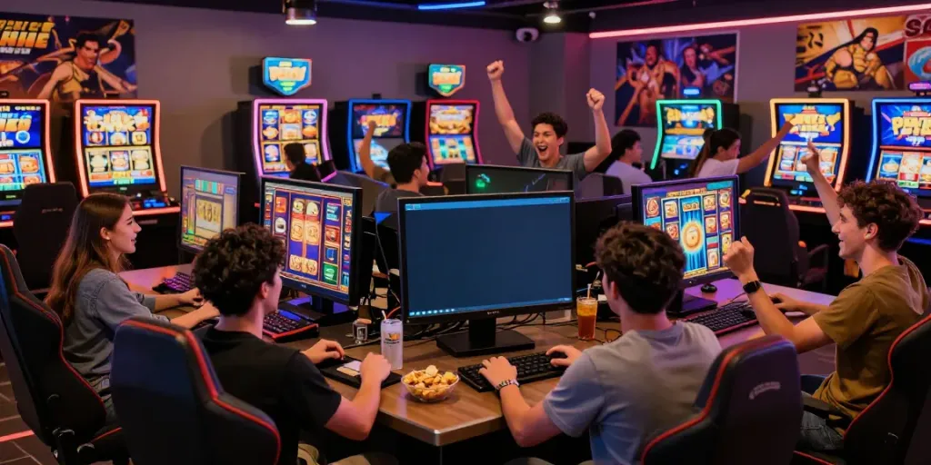 Friends enjoying a lively slot gaming session, showcasing excitement and joy.