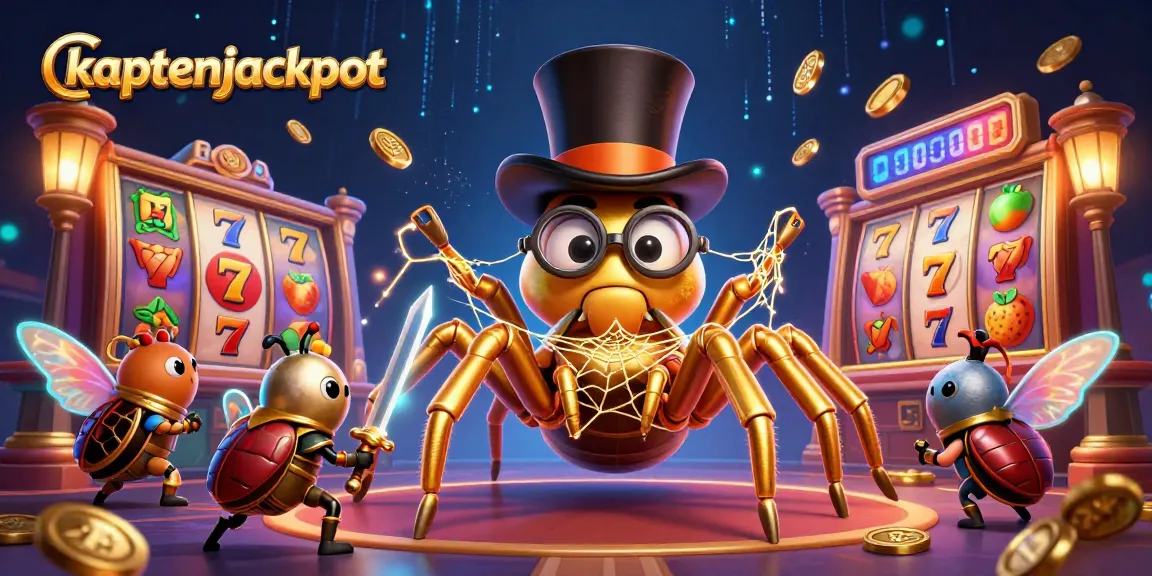 Experience the excitement of kaptenjackpot with dynamic slot reels and golden characters in a vibrant casino scene.