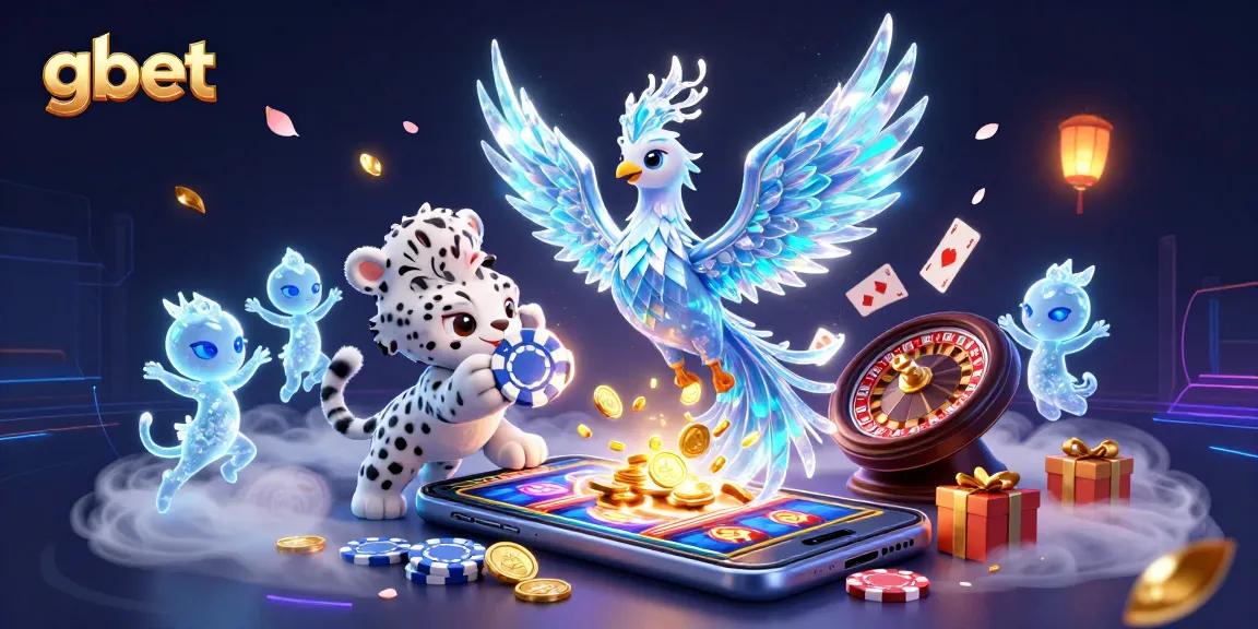 Experience thrilling gaming at gbet with a vibrant scene of an ice phoenix, colorful slot games, and dazzling prizes.