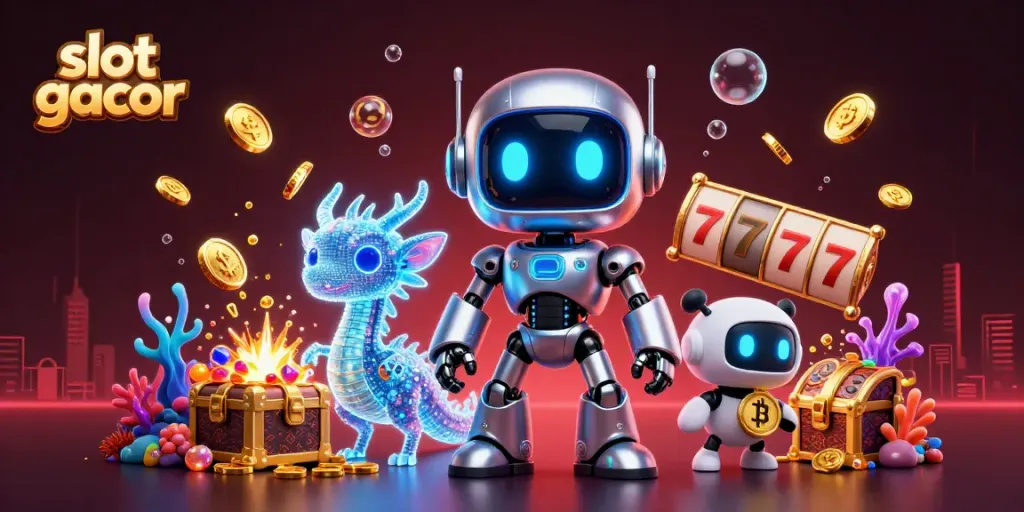 Ilustrasi 3D menarik slot gacor dengan robot dan simbol permainan, penuh detail visual.