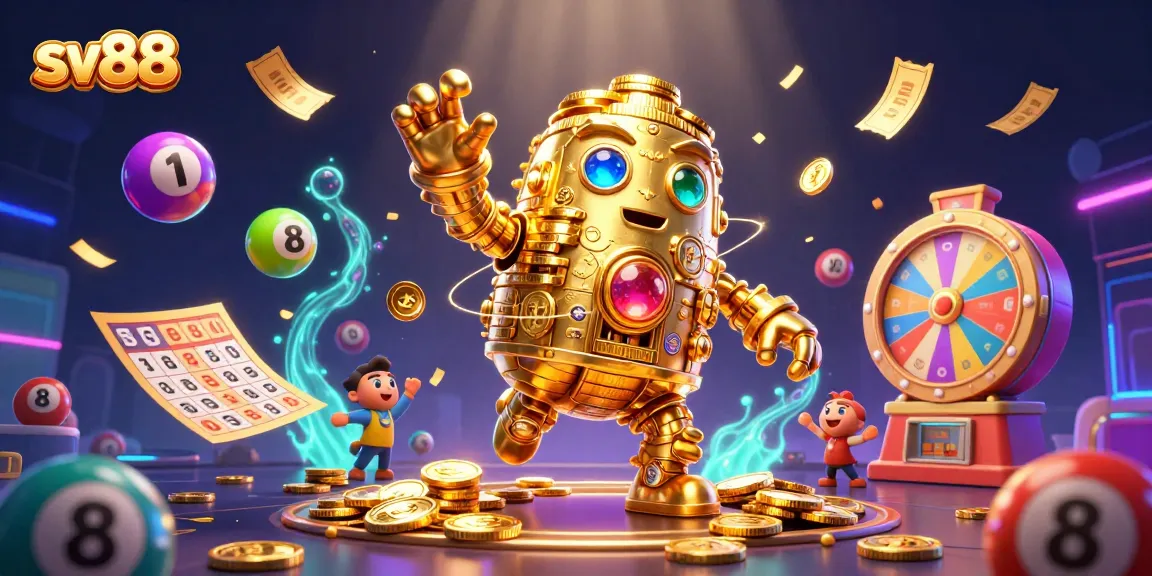 Engage with sv88's vibrant gambling scene featuring golden coins, dynamic lottery elements, and rich visuals.