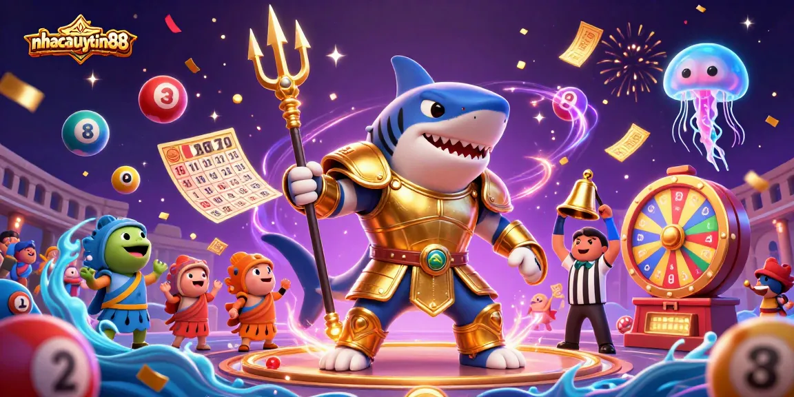 Experience the excitement of nhacaiuytin88 in a vibrant underwater casino scene with a fierce tiger shark and dynamic lottery elements.