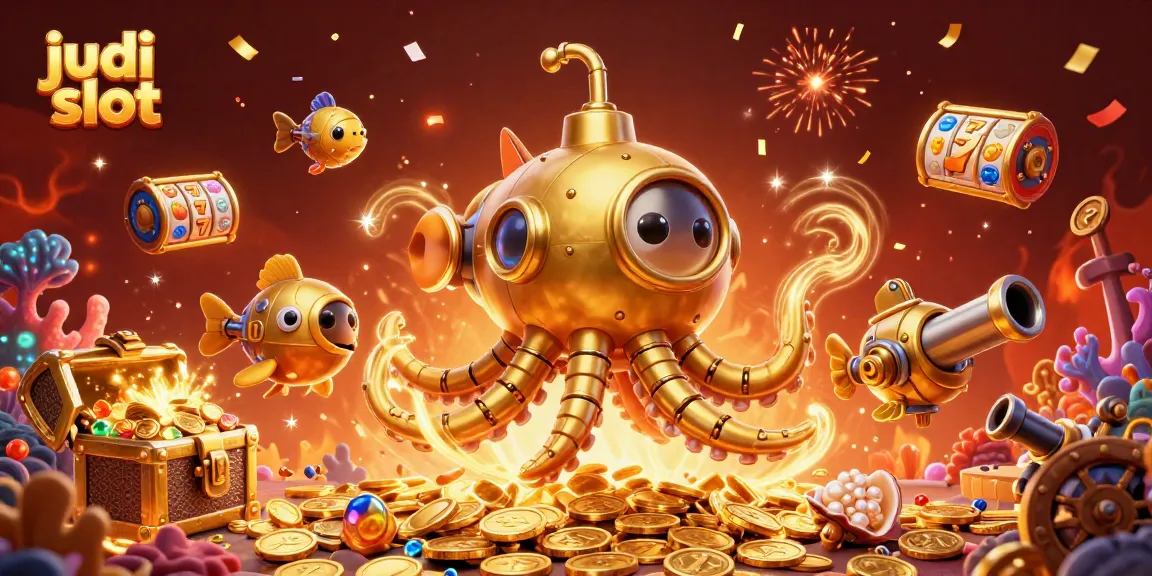 Permainan judi slot yang mendebarkan di bawah lautan koin emas dan simbol keberuntungan.