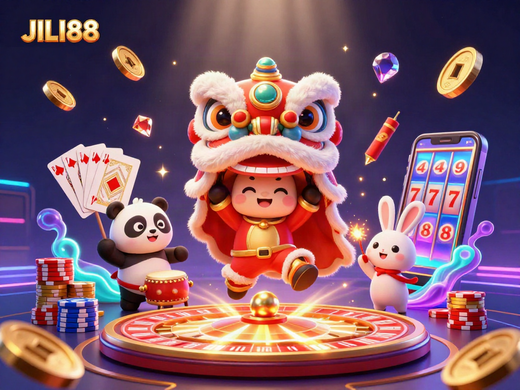 Experience the excitement of JILI88 with a dynamic 3D casino scene featuring vibrant characters.