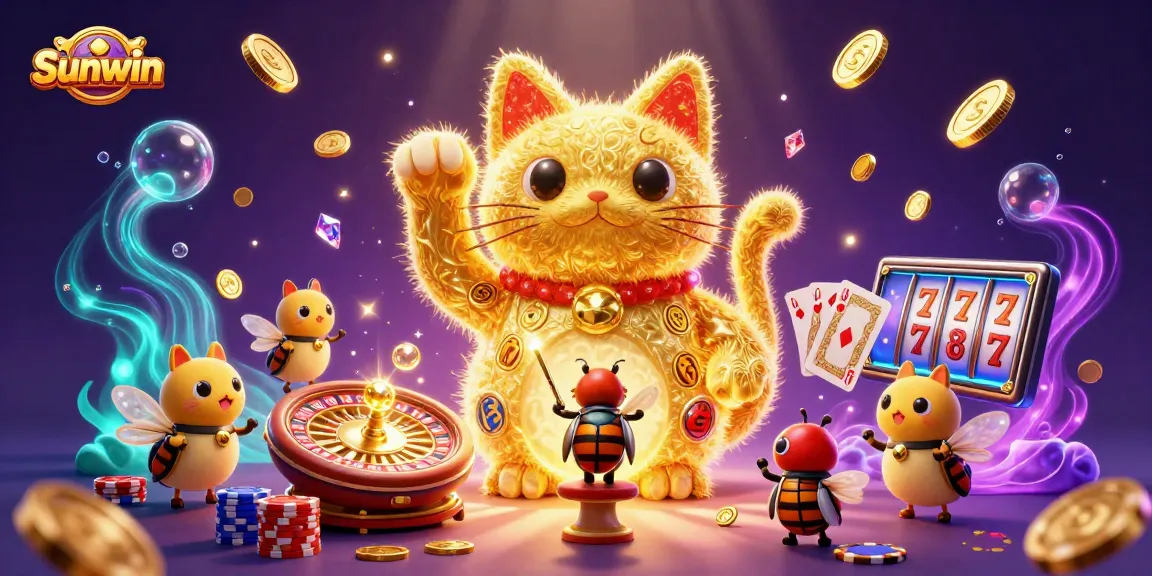 Sunwin offers thrilling casino experiences with a giant lucky cat, poker chips, and golden coins.