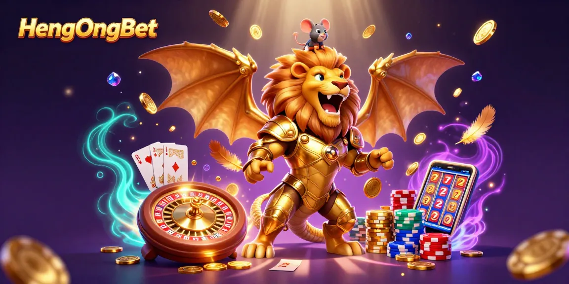 Experience thrilling gameplay at HengOngBet with a vibrant casino scene featuring roaring chimera and cascading treasures.