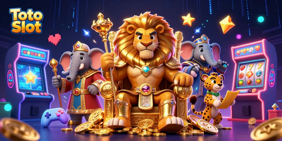 Rasakan keseruan Toto Slot dengan singa raja, gajah bijak, dan cheetah kurir dalam ilustrasi kasino digital.
