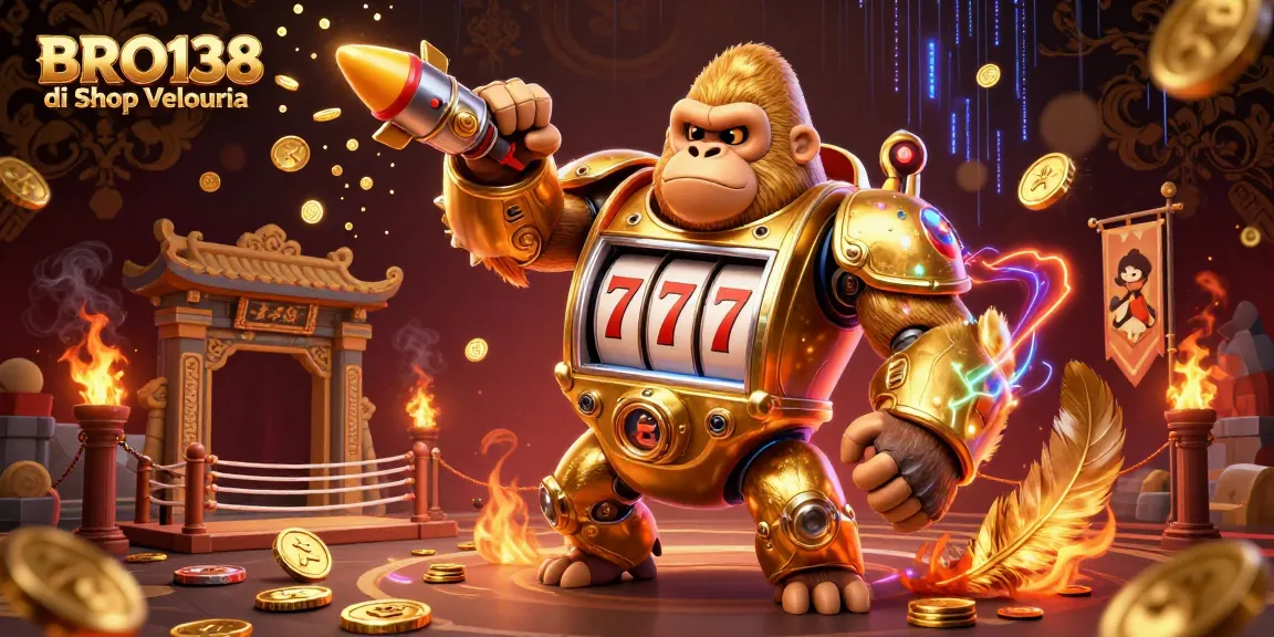 Engaging scene with the BRO138 di Shop Velouria gorilla mech amidst betting tokens and golden feathers, celebrating slot gaming.