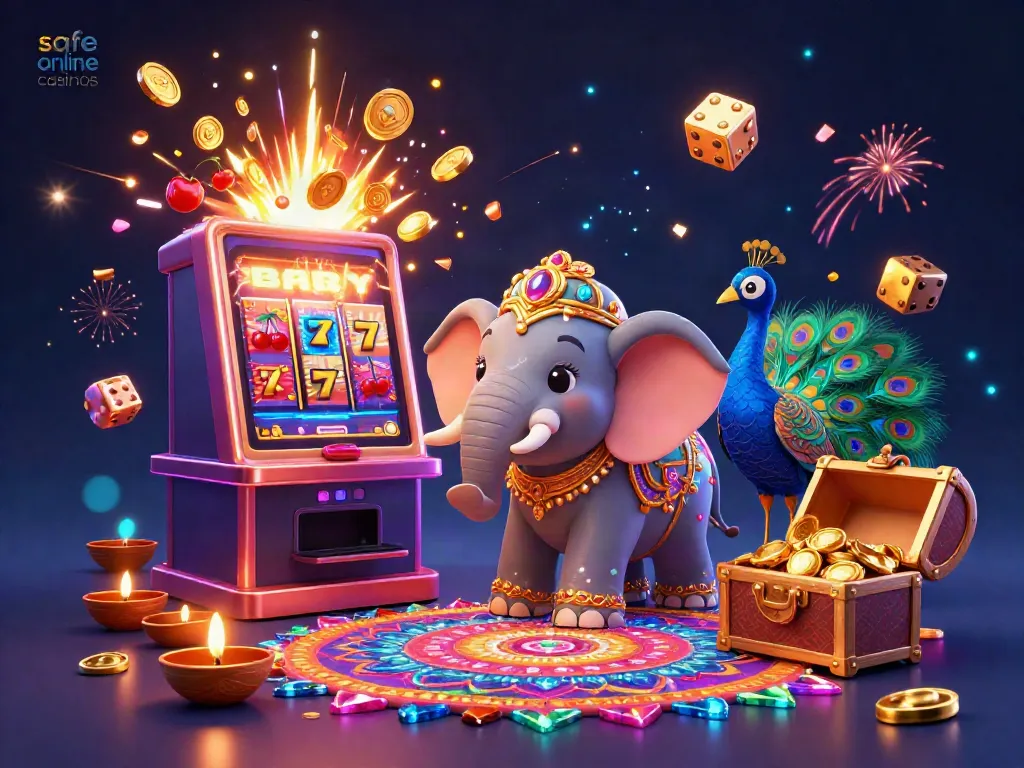Experience safe online casinos with a vibrant 3D scene of an elephant, peacock, and slot machine bursting with rewards.